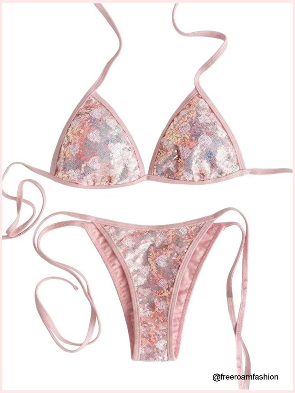 Sequin Sparkly Bikini Sets Halter Triangle Tie Side Thong Bathing Suit